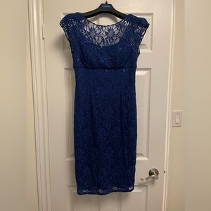 Laura, Blue lace and sequin overlay sheath dress